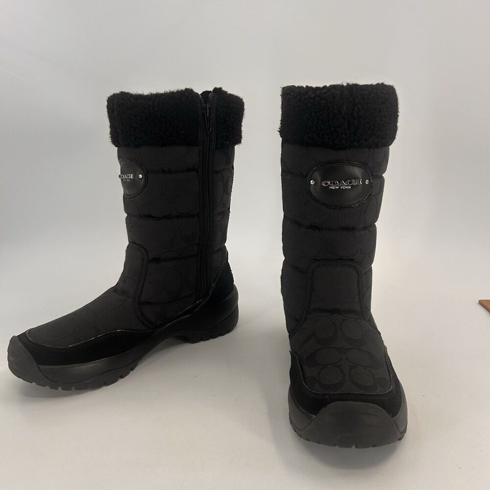 Coach Sonya Black Winter Boots Women Size 8.5 B Signature Monogram Faux Fur Snow
